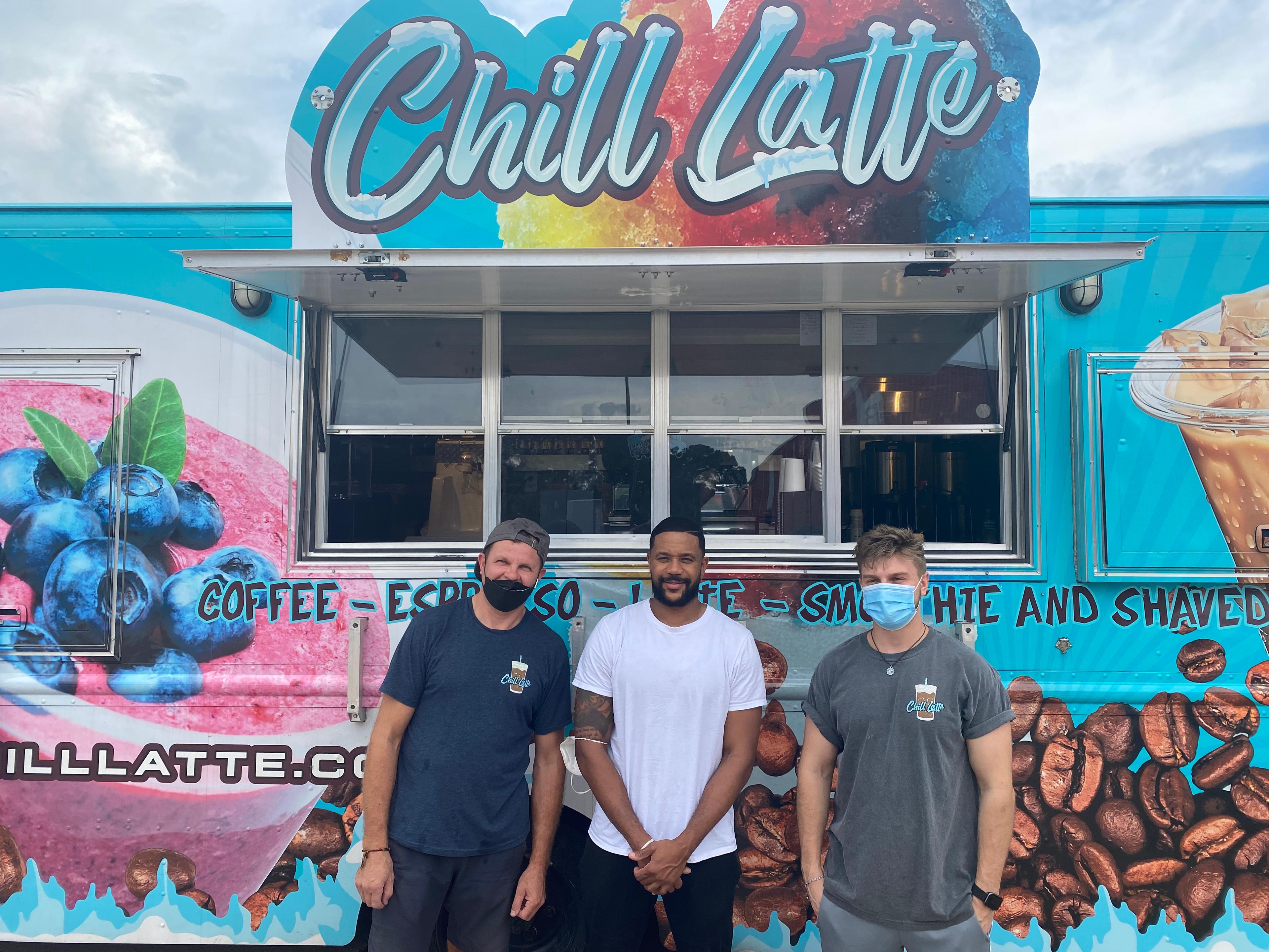 Chill Latte crew with Hosea Chanchez near the coffee truck on the production set 